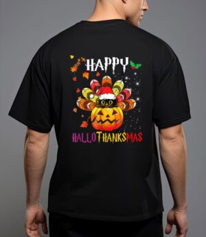 Black cat halloween and merry christmas happy hallothanksmas T-Shirt