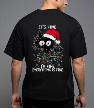 Black cat christmas it's fine i'm fine everything is fine T-Shirt