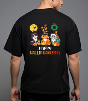 Cat halloween christmas happy hallothanksmas thanksgiving T-Shirt