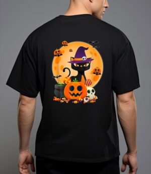 Cat with witch hat pumpkin bat moon cat funny halloween T-Shirt