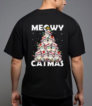 Cat xmas lights santa meowy catmas cat christmas ree T-Shirt