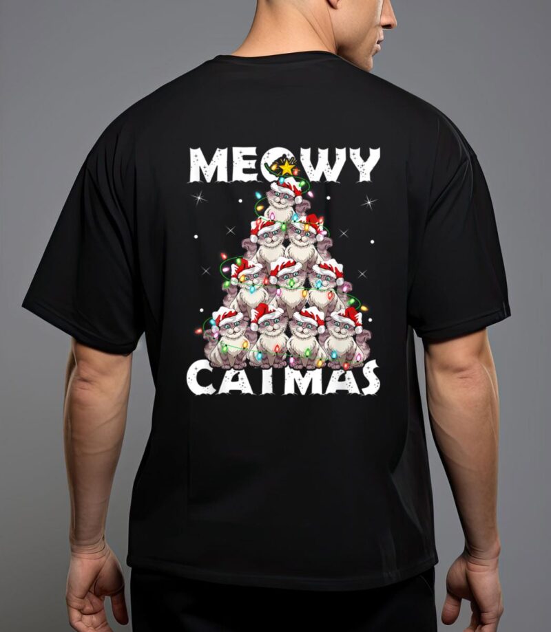 Cat xmas lights santa meowy catmas cat christmas ree T-Shirt