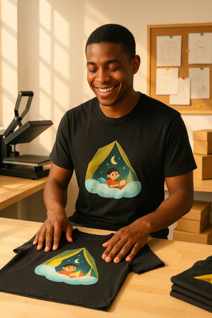 In a quiet, tidy workspace, a young man with a composed demeanor and determined eyes sits at a worktable. He’s wearing a black t-shirt featuring a whimsical design: a little boy lying inside a cozy tent under a crescent moon — evoking feelings of childhood warmth and serenity. Behind him is a modest print studio: a heat press machine, cardboard boxes, and a corkboard filled with sketches of unreleased designs. He’s not looking at the camera — instead, he’s focused, carefully aligning the final details on a freshly printed shirt, preparing to package it with care.