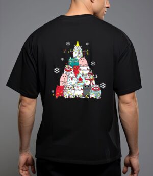 Cute cat christmas tree lights snow xmas pajama cat lover T-Shirt