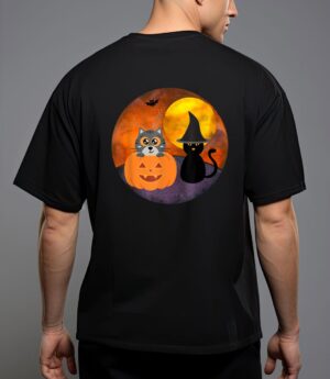 Cute halloween cat scene witch pumpkin bat full moon T-Shirt