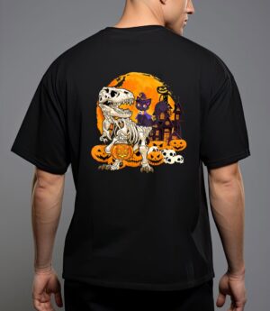 Dinosaur skeleton pumpkin with moon halloween cat witchy T-Shirt
