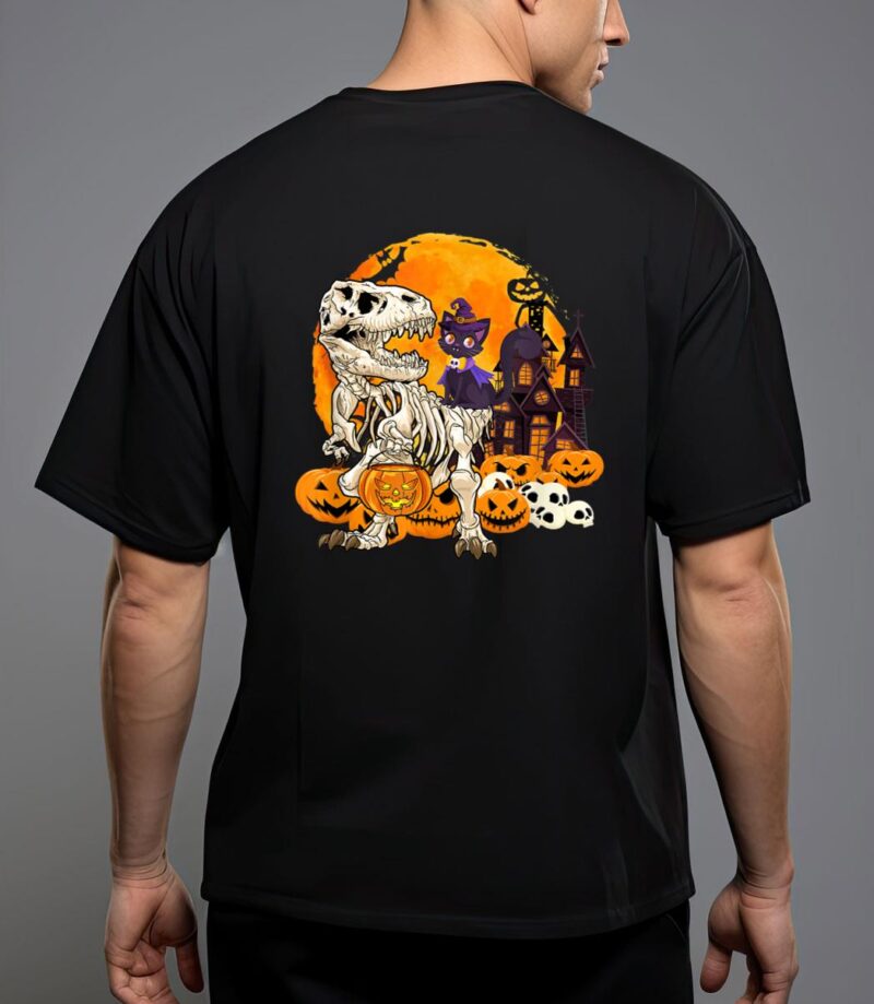 Dinosaur skeleton pumpkin with moon halloween cat witchy T-Shirt