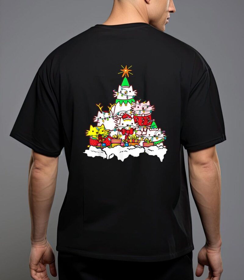 Funny cat christmas tree lights costume matching pajama gift T-Shirt
