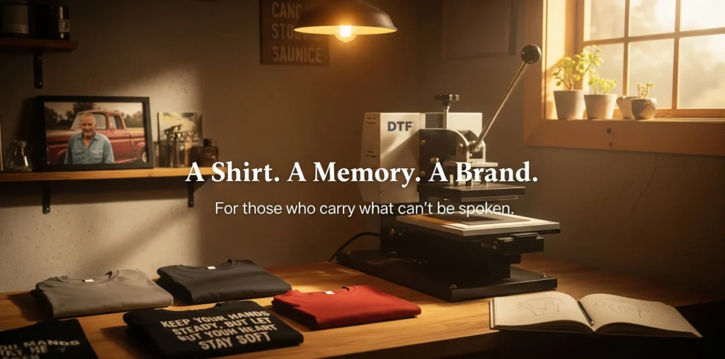 he lighting is soft and golden, coming from a hanging bulb above and filtered daylight from a window. The space has concrete or natural wood walls and a nostalgic, handcrafted atmosphere. A framed photo of an older man beside a truck sits on a nearby shelf, suggesting memory and loss.