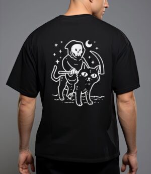 Grim reaper riding cat moon funny death halloween costume T-Shirt