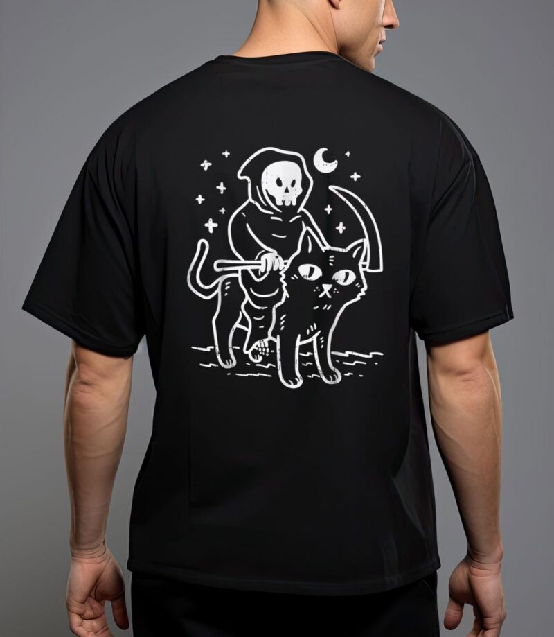 Grim reaper riding cat moon funny death halloween costume T-Shirt