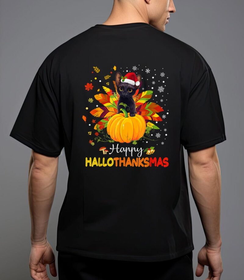 Happy hallothanksmas cat halloween thanksgiving christmas T-Shirt