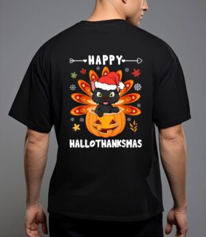Happy hallothanksmas cat turkey cat thanksgiving christmas T-Shirt