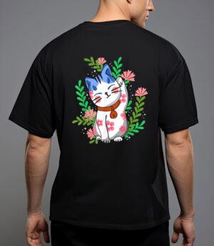 Maneki neko lucky japanese cat floral botanical T-Shirt