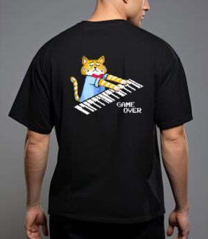 Sad cat playing keyboard game over T-Shirt