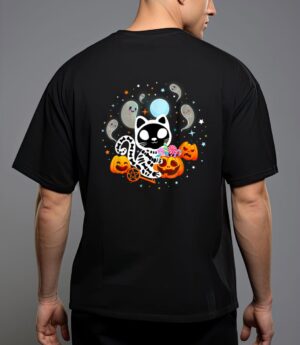 Skeleton cat halloween shirt kids spooky black cat halloween T-Shirt