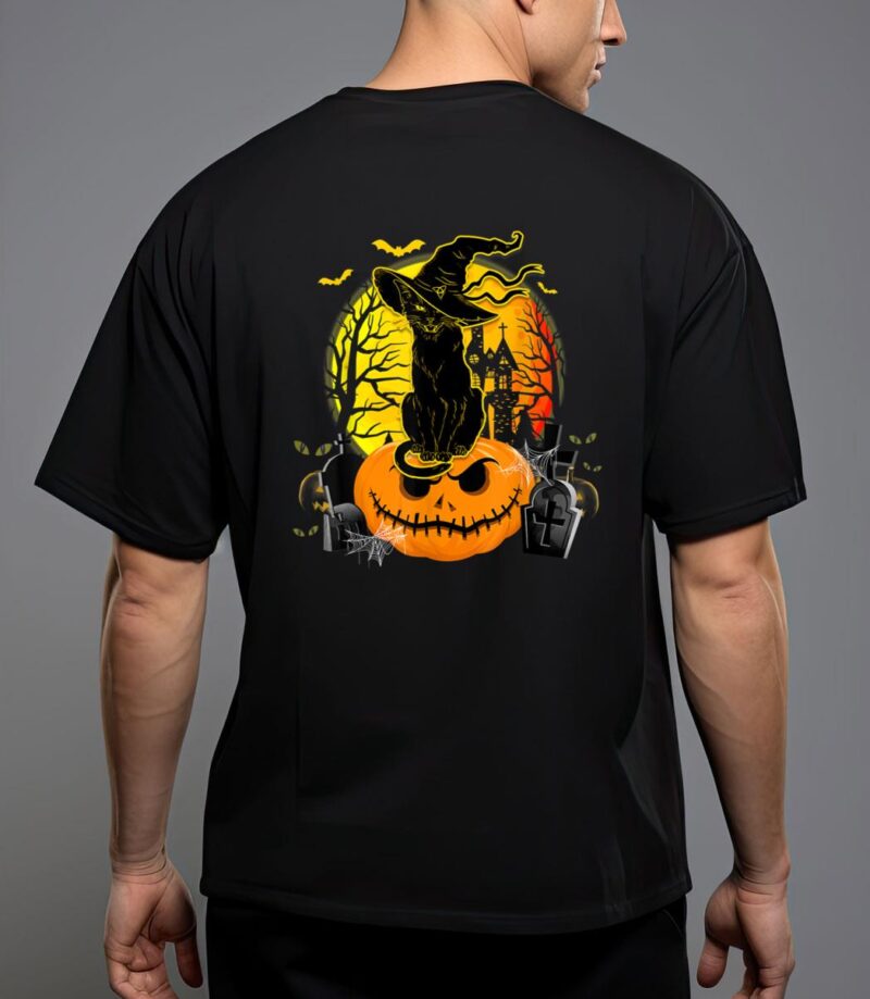 Vintage black cat witch scary halloween costume kids boys T-Shirt