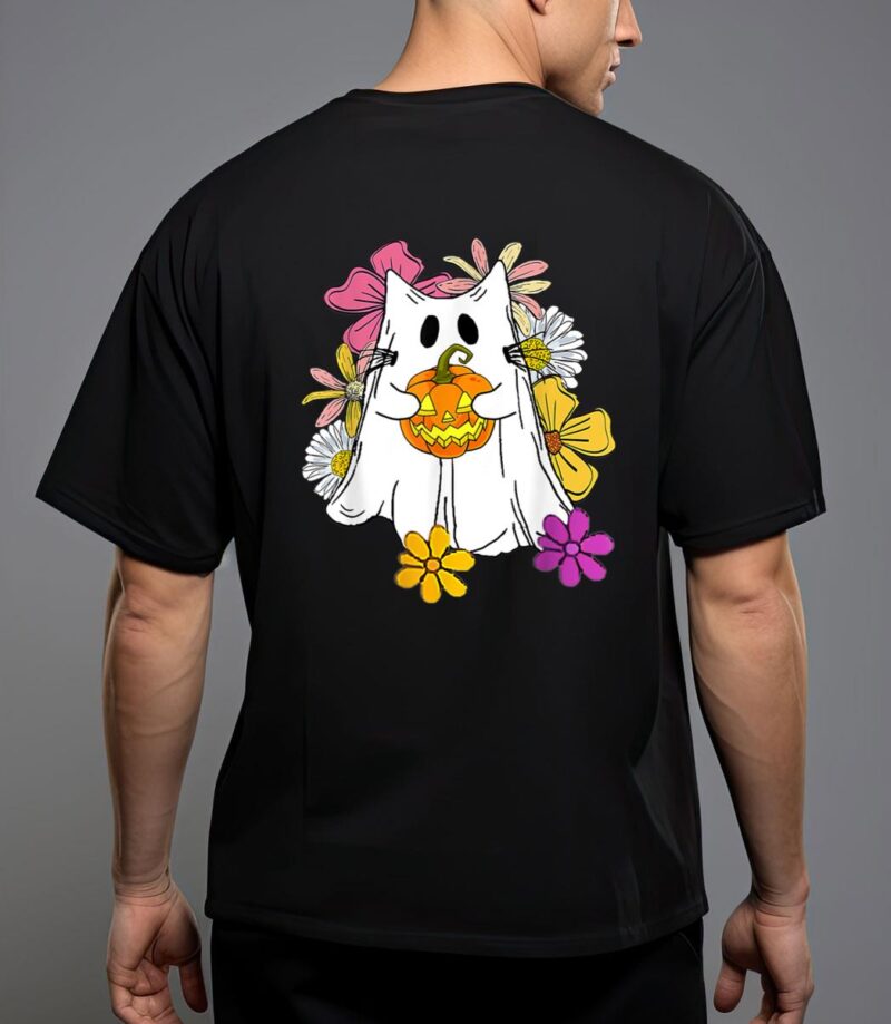 Vintage floral ghost cat halloween graphic T-Shirt