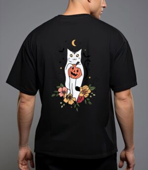Vintage floral halloween cat ghost pumpkin auntum women kids T-Shirt