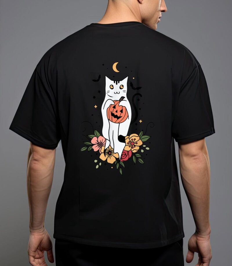 Vintage floral halloween cat ghost pumpkin auntum women kids T-Shirt