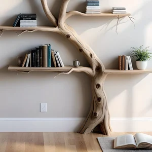 Tree-Shaped Driftwood Bookshelf – Solid Wood Home Decor
