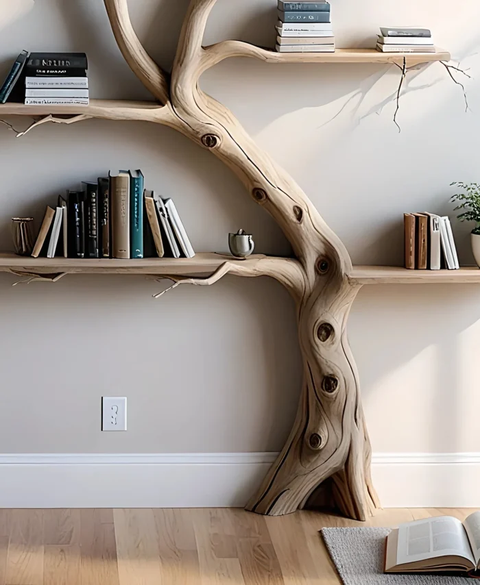 Tree-Shaped Driftwood Bookshelf – Solid Wood Home Decor