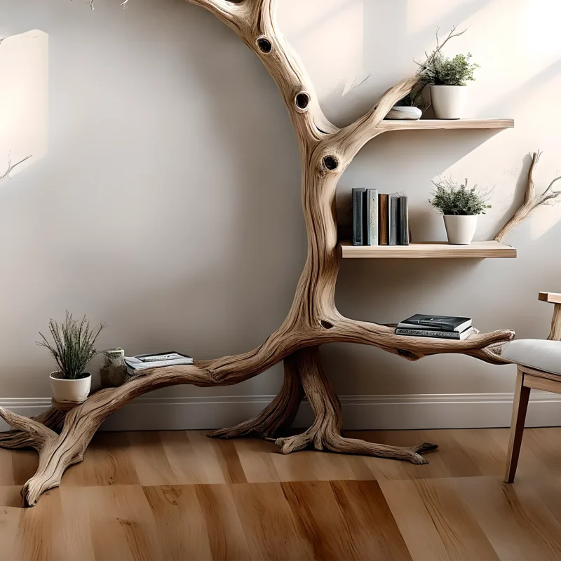 Handmade Driftwood Bookshelf – Unique Tree Shape - Image 2