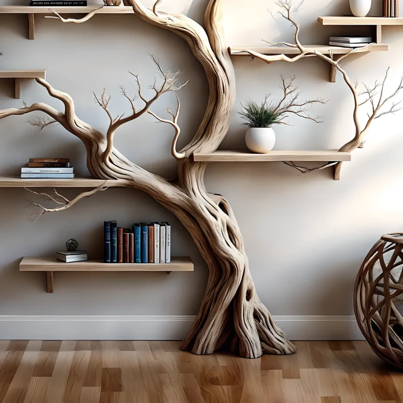 Christmas Driftwood Bookshelf – Holiday Tree Shelf - Image 3