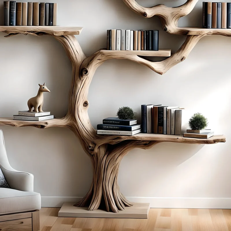 Floating Tree Bookshelf – Rustic Old Wood Driftwood Shelf - Image 3